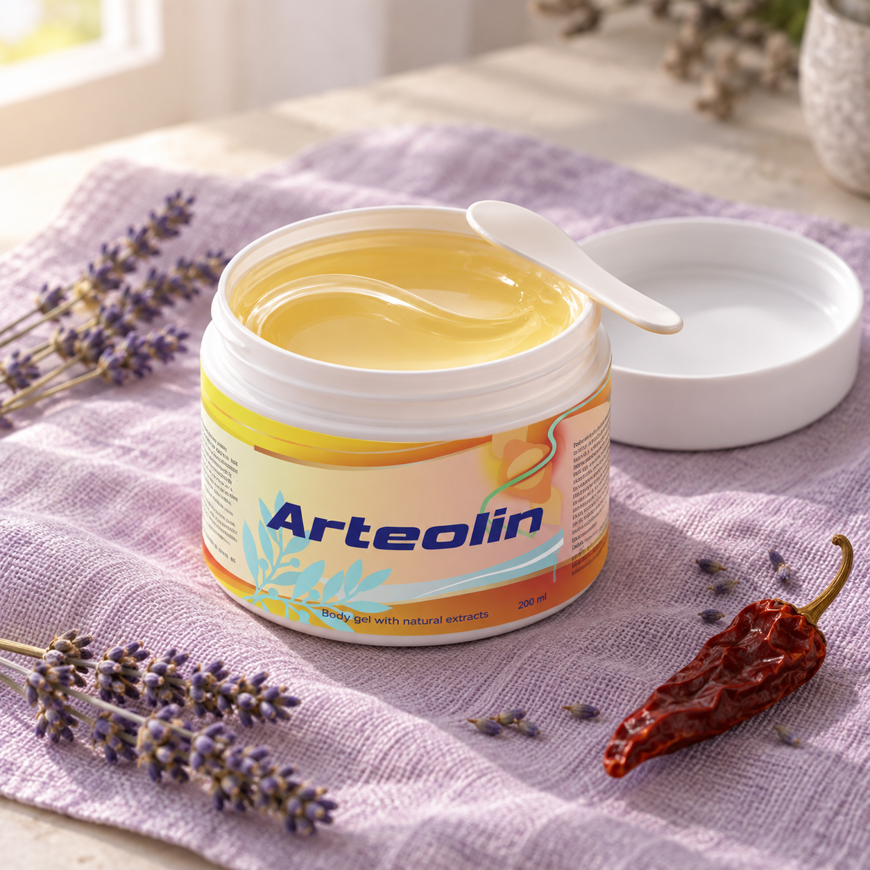 Arteolin melegítő gél-balzsam 200 ml-es tégelye nyitott tetővel, mellette spatula